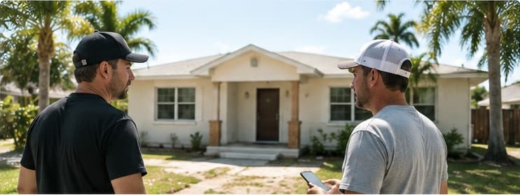 Two investors standing in front of a single-family house, one showing the other something on a phone.