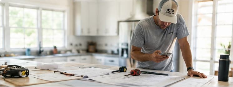 A contractor checking his phone while standing over printed plans and tape measures on a kitchen counter.